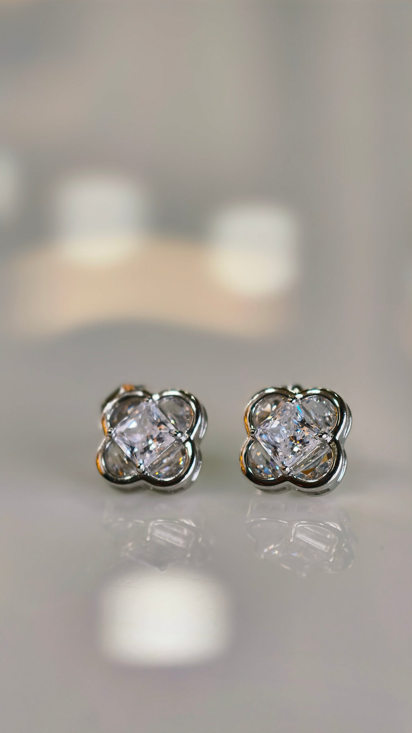 Square Solitaire Four-Leaf Clover Earrings