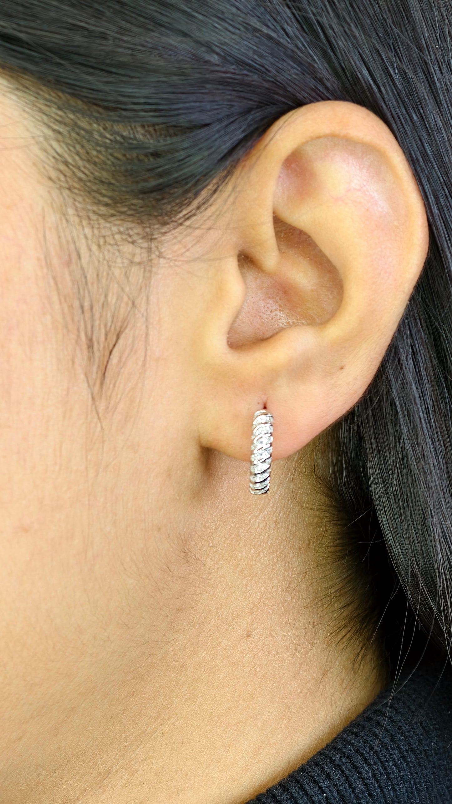 Silver-Tone Scalloped Diamond-Style Huggies