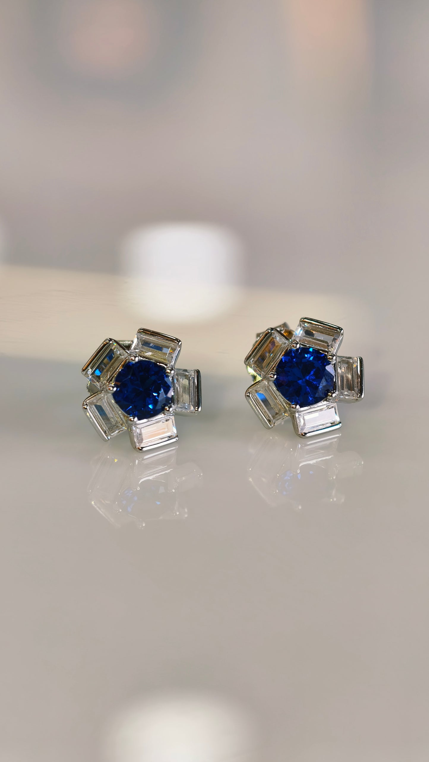 Radiant Blue & White Baguette Cluster Studs