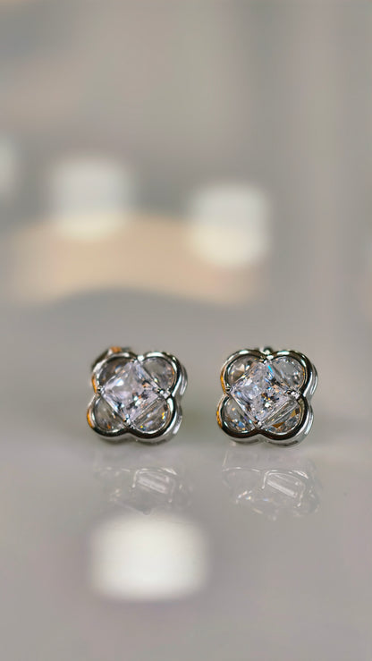 Square Solitaire Four-Leaf Clover Earrings