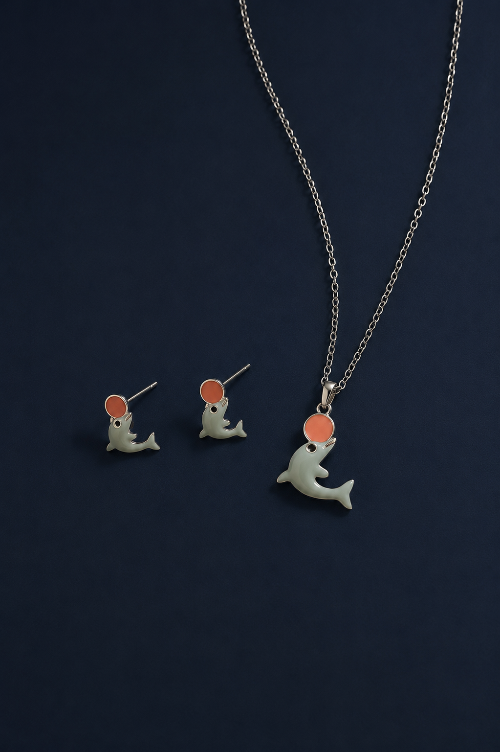 925 Silver Cute Dolphin Pendant & Stud Earrings Set