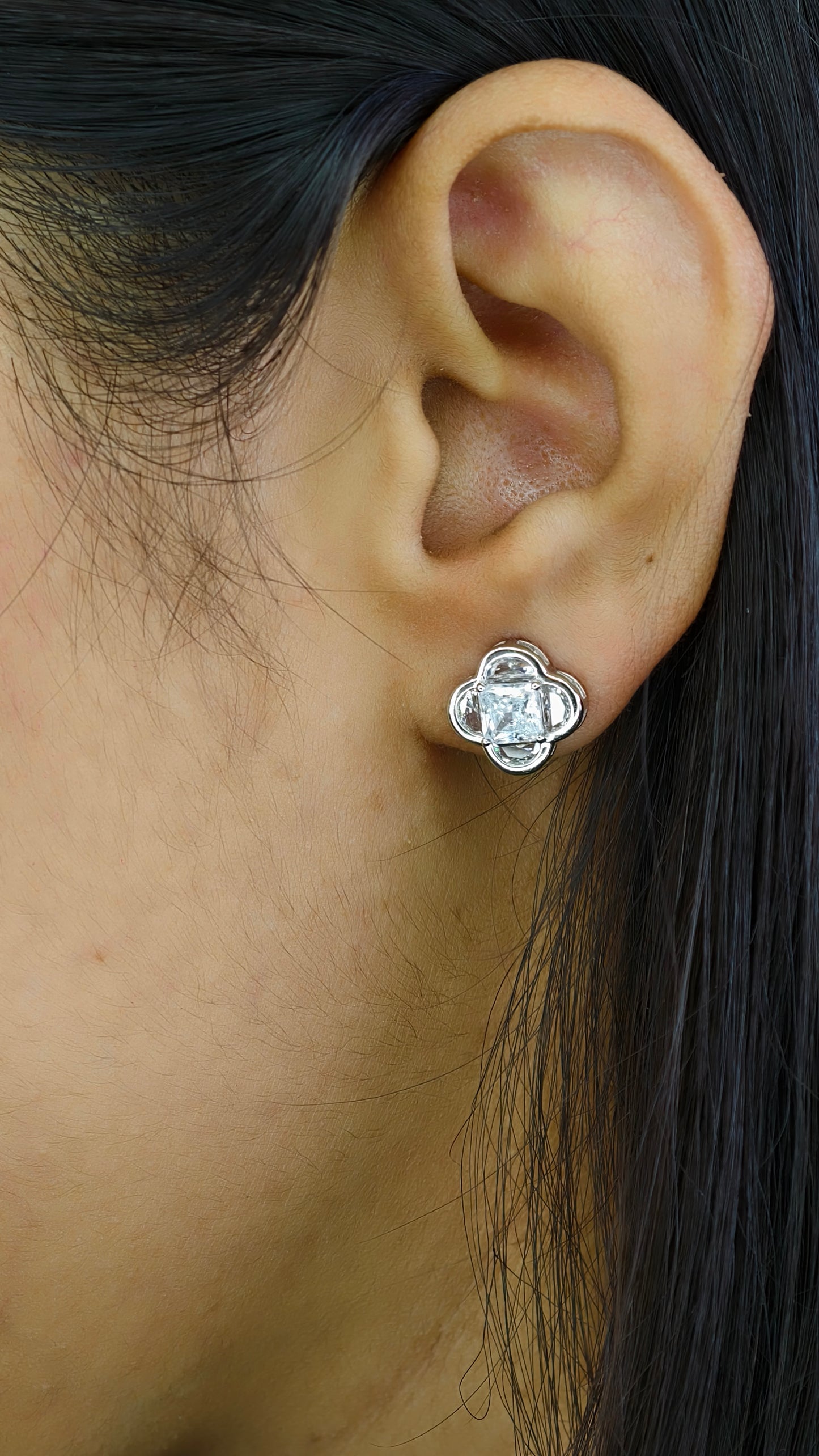 Square Solitaire Four-Leaf Clover Earrings