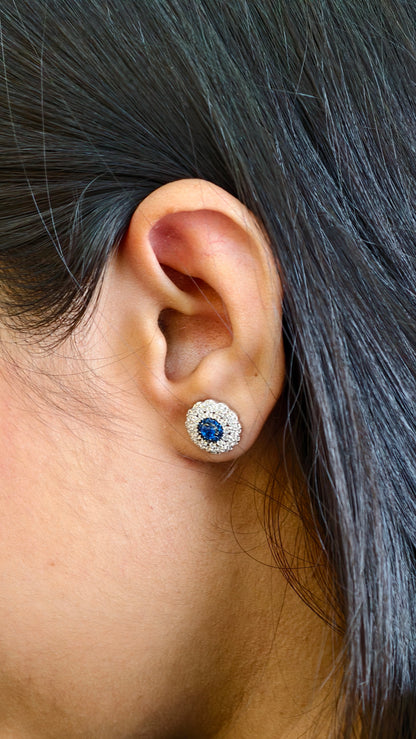 Midnight Blue Sapphire Floral Cluster Earrings