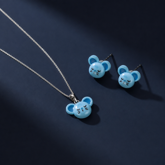 925 Silver Cute Blue Mouse Pendant & Stud Earrings Set
