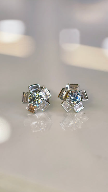 Radiant White Stone Baguette Cluster Studs