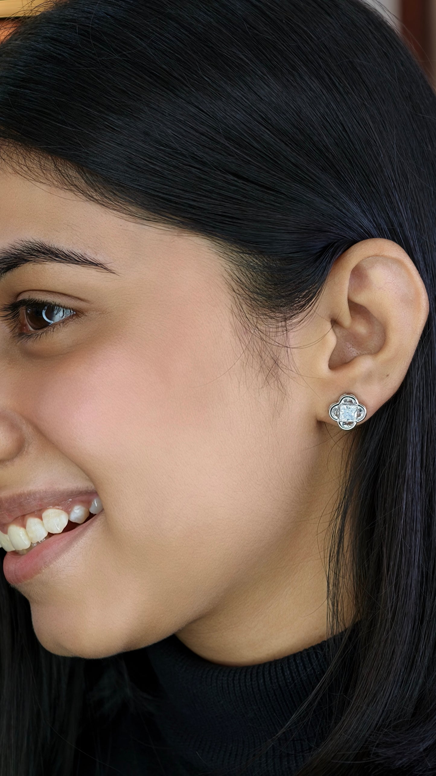 Square Solitaire Four-Leaf Clover Earrings