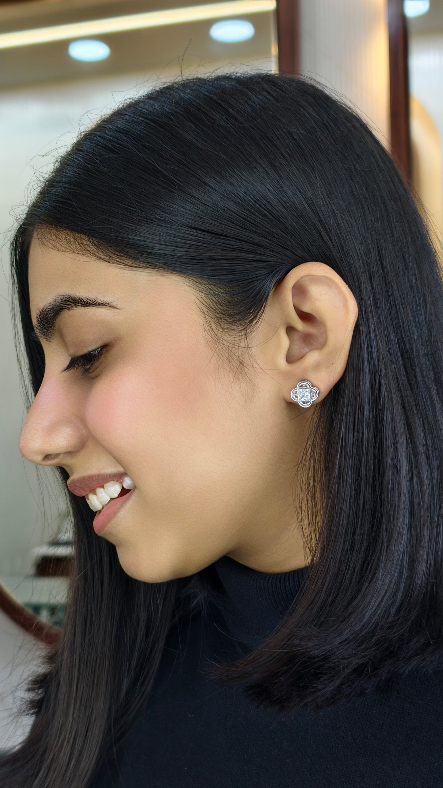 Square Solitaire Four-Leaf Clover Earrings