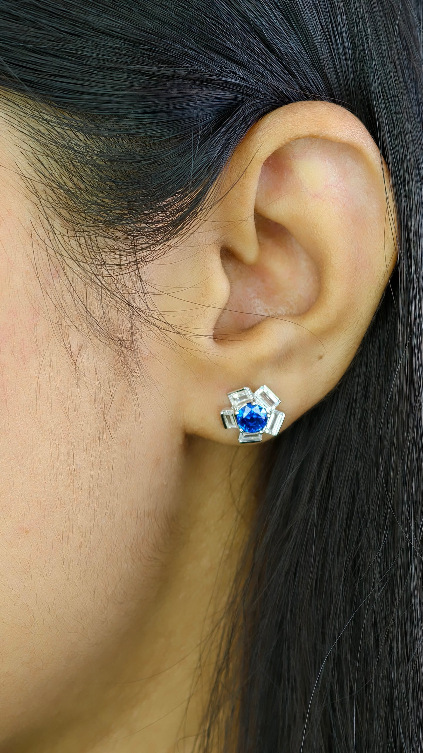 Radiant Blue & White Baguette Cluster Studs