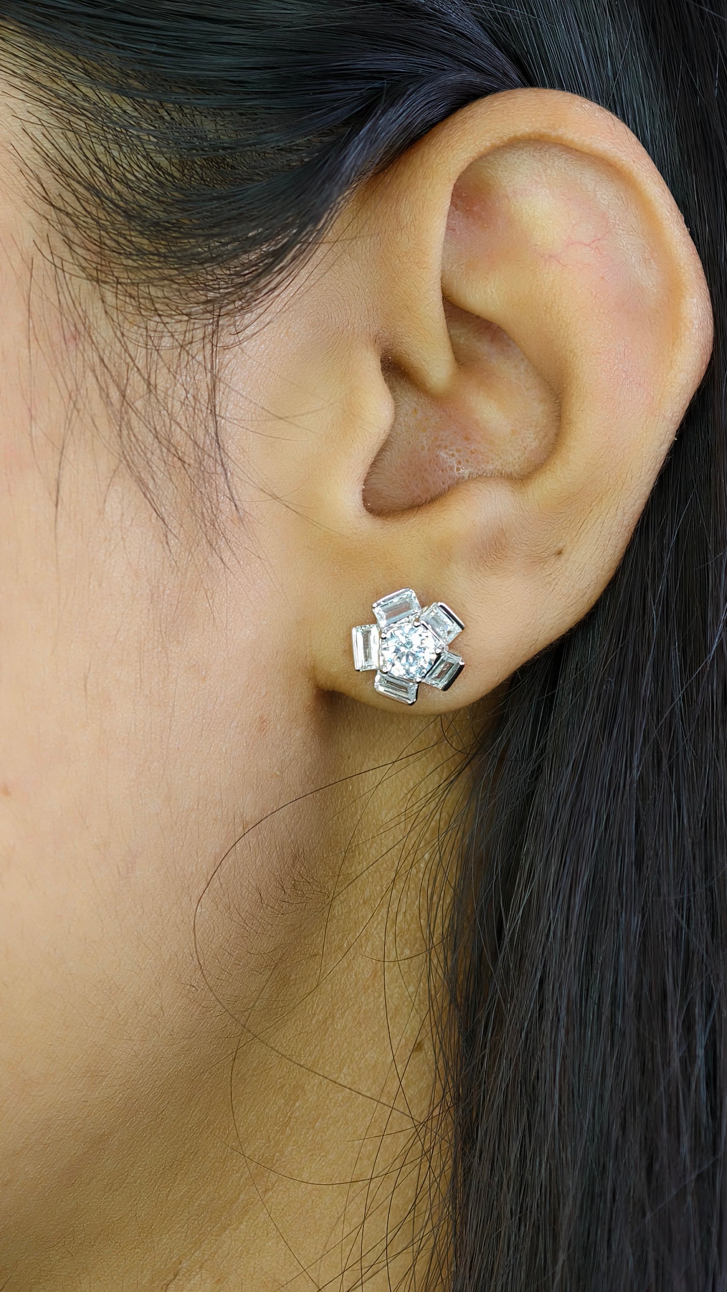 Radiant White Stone Baguette Cluster Studs